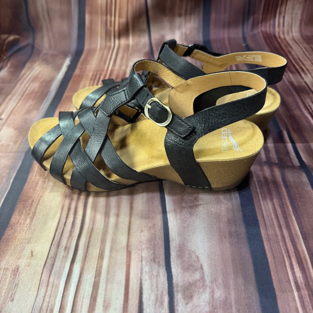 Dansko Black Leather Woven T-Strap Sandals - Picture 4 of 5